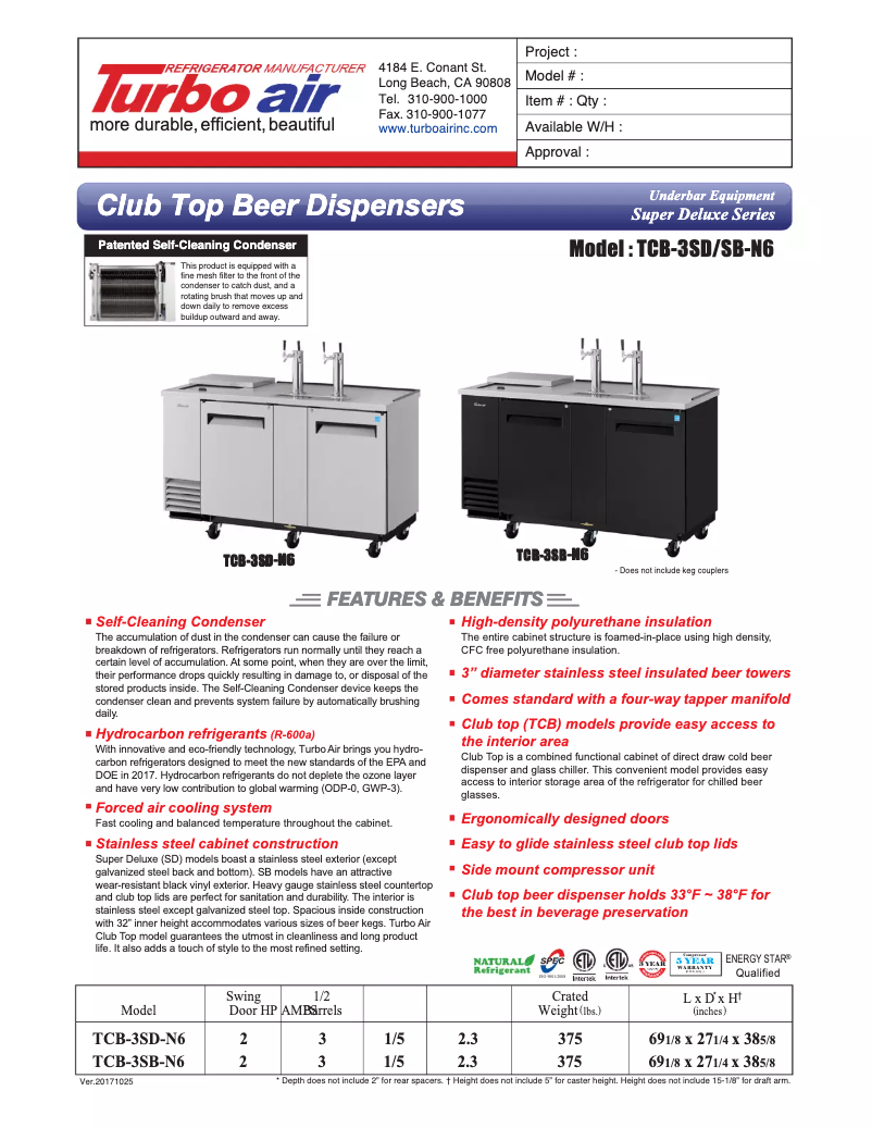 Página 1 del manual Ficha técnica Turbo air TCB-3SB
