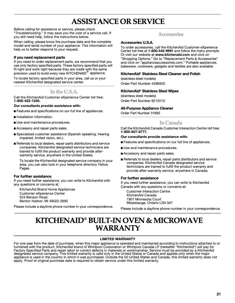 Page n°1 - Informations de garantie KitchenAid KEBS107SSS