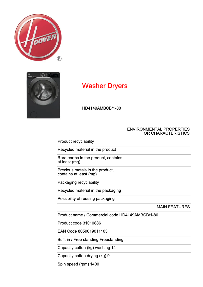 Page 1 de la notice Fiche technique Hoover H-WASH&DRY 500 HD4149AMBCB/1-80