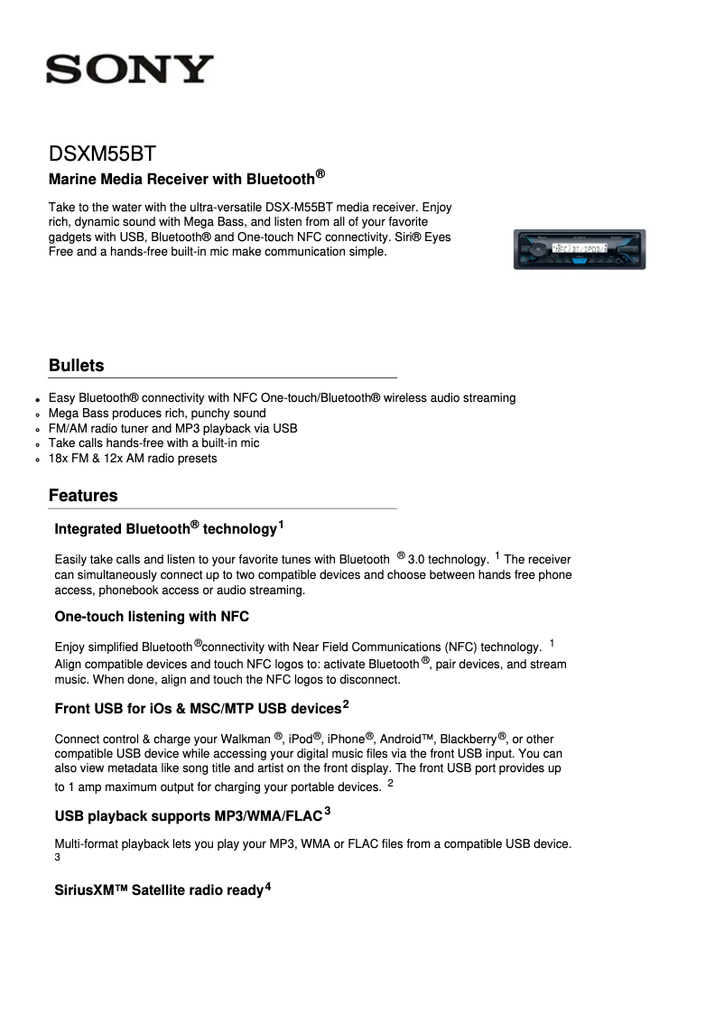 Page 1 de la notice Fiche technique Sony DSX-M55BT