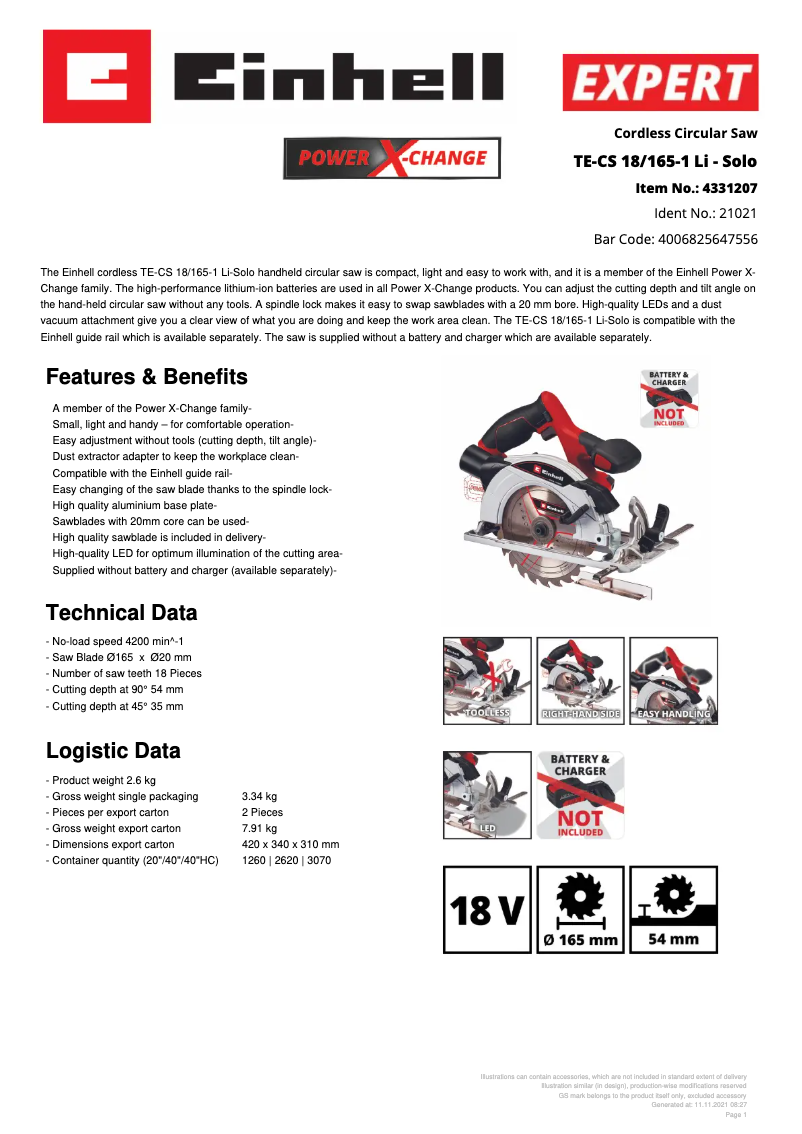 Page n°1 - Fiche technique Einhell TE-CS 18/165-1 Li