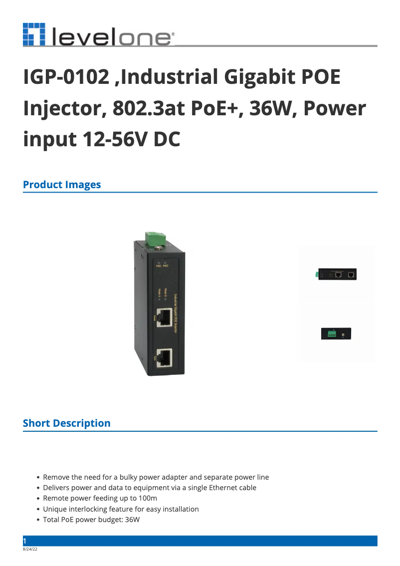Page 1 de la notice Fiche technique LevelOne IGP-0102