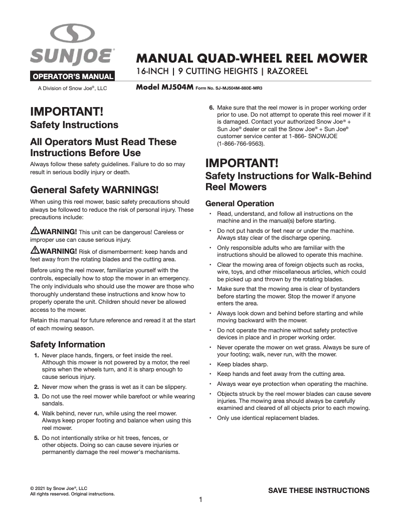 Page 1 de la notice Manuel utilisateur Sun Joe MJ504M