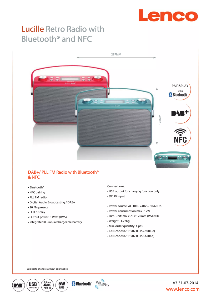 Page 1 de la notice Fiche technique Lenco LUCILLE