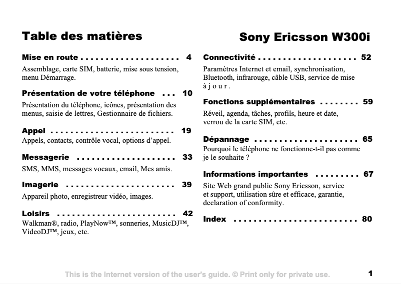 Page n°1 - Manuel utilisateur Sony Ericsson W300i
