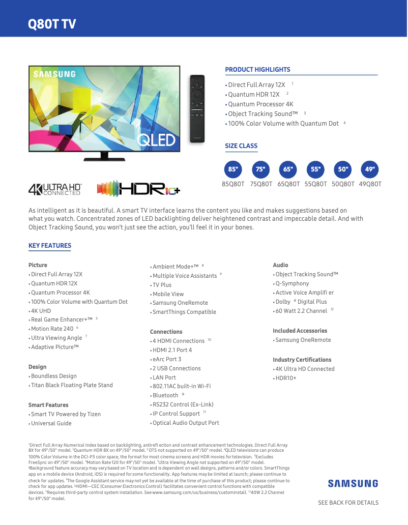 Page 1 de la notice Fiche technique Samsung QN50Q80TAFXZA