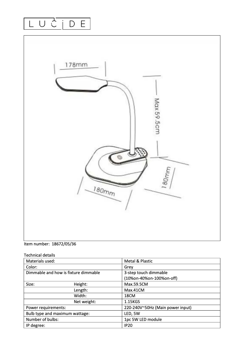 Page 1 de la notice Manuel utilisateur Lucide Aiden led 18672/05/36