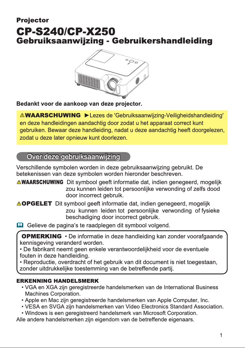 Image de la première page du manuel de l'appareil CP-X250WF