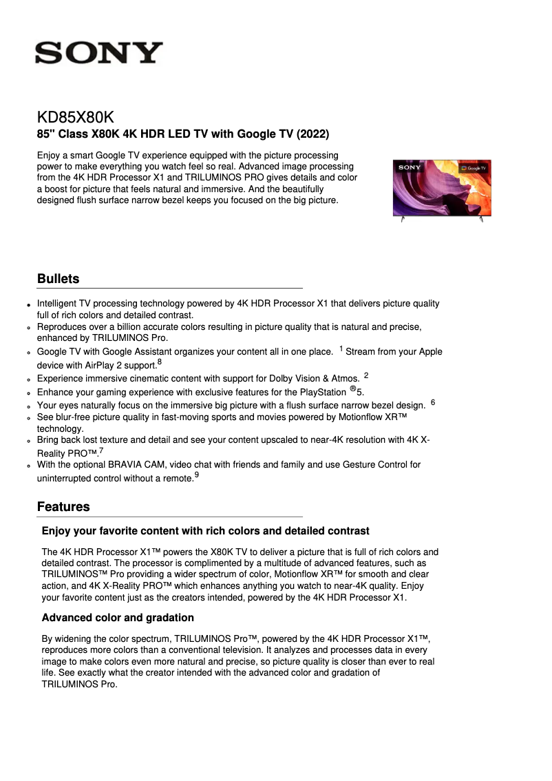 Page 1 de la notice Fiche technique Sony KD-85X80K