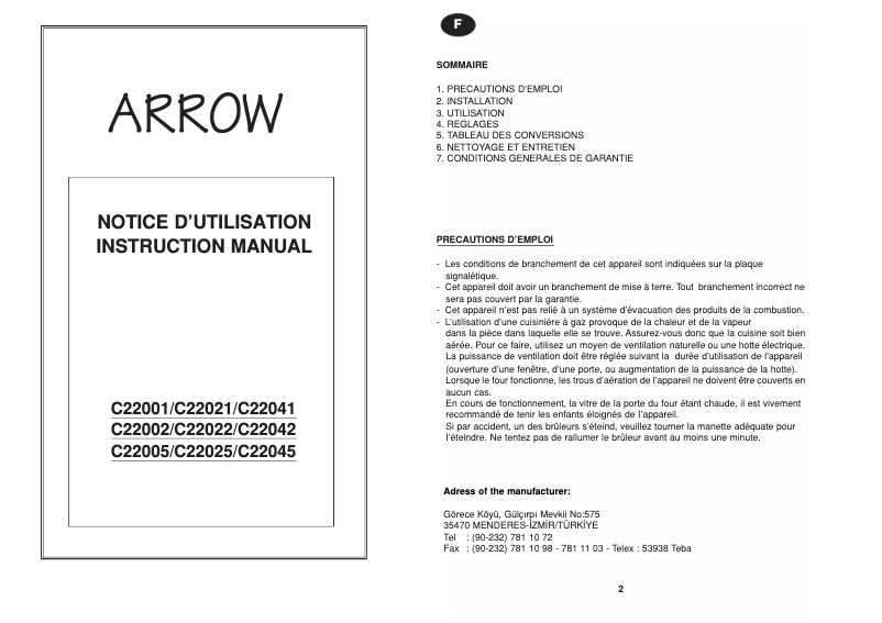 Page n°1 - Manuel utilisateur Arrow C22005