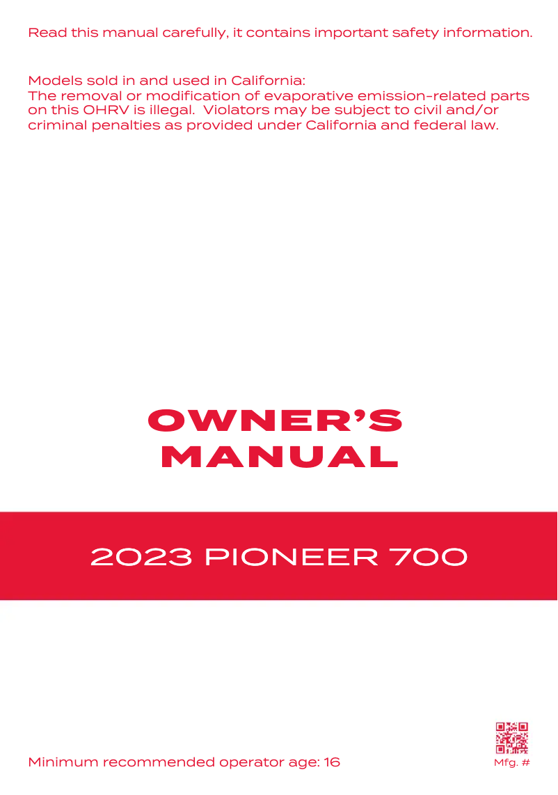 Page n°1 - Manuel utilisateur Honda Pioneer 700 (2023)