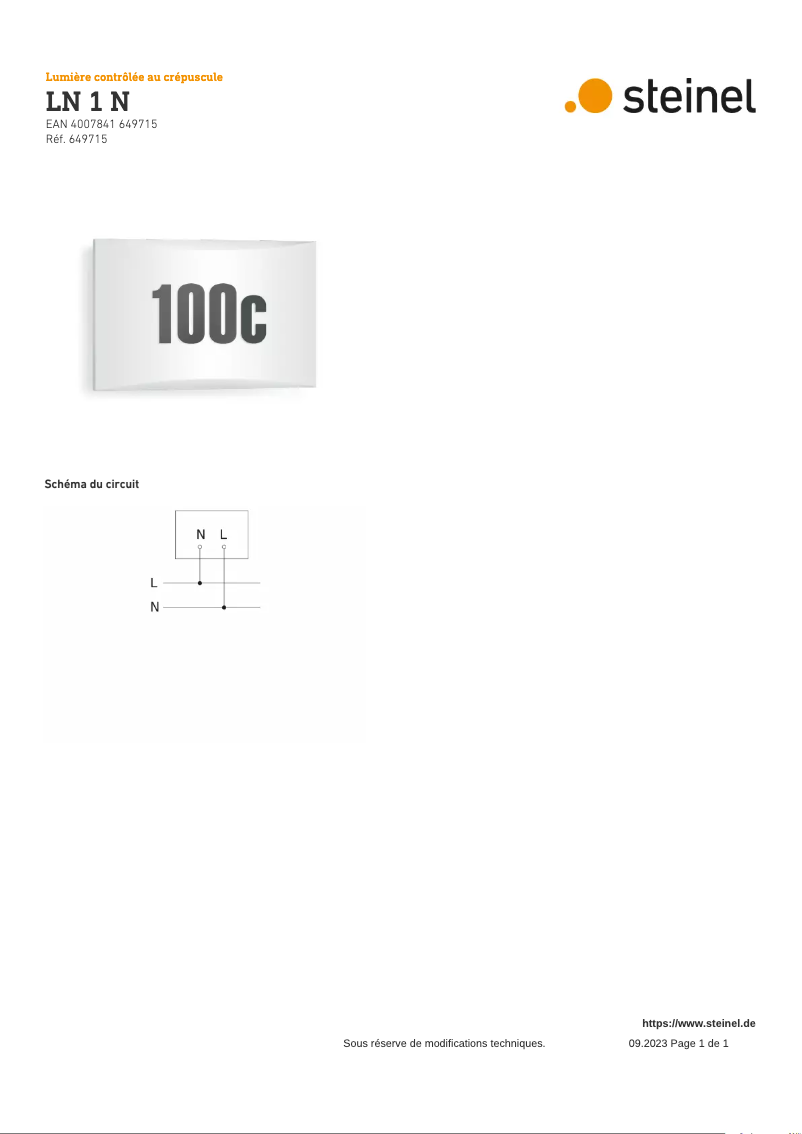 Page 1 de la notice Schéma de câblage Steinel LN 1 N