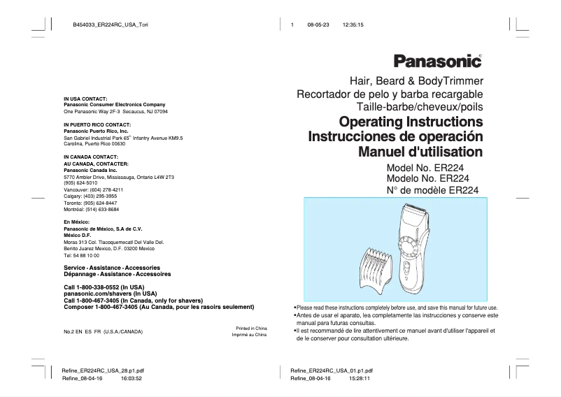 Page 1 de la notice Manuel utilisateur Panasonic ER224