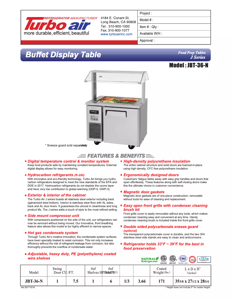 Page 1 de la notice Fiche technique Turbo air JBT-36