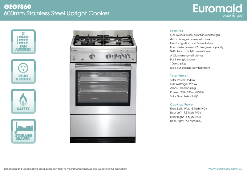 Page 1 de la notice Manuel utilisateur Euromaid GEGFW60