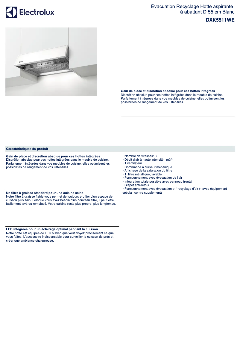 Page 1 de la notice Fiche technique Electrolux DXK5511WE