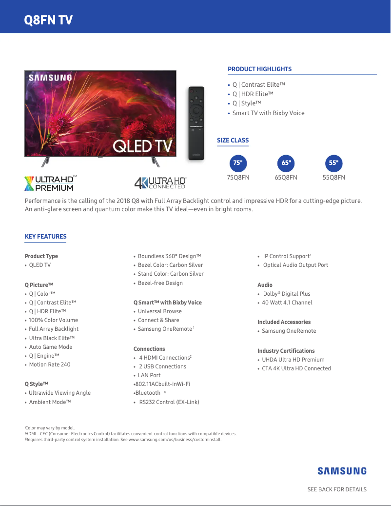 Page 1 de la notice Fiche technique Samsung QN65Q8FNB
