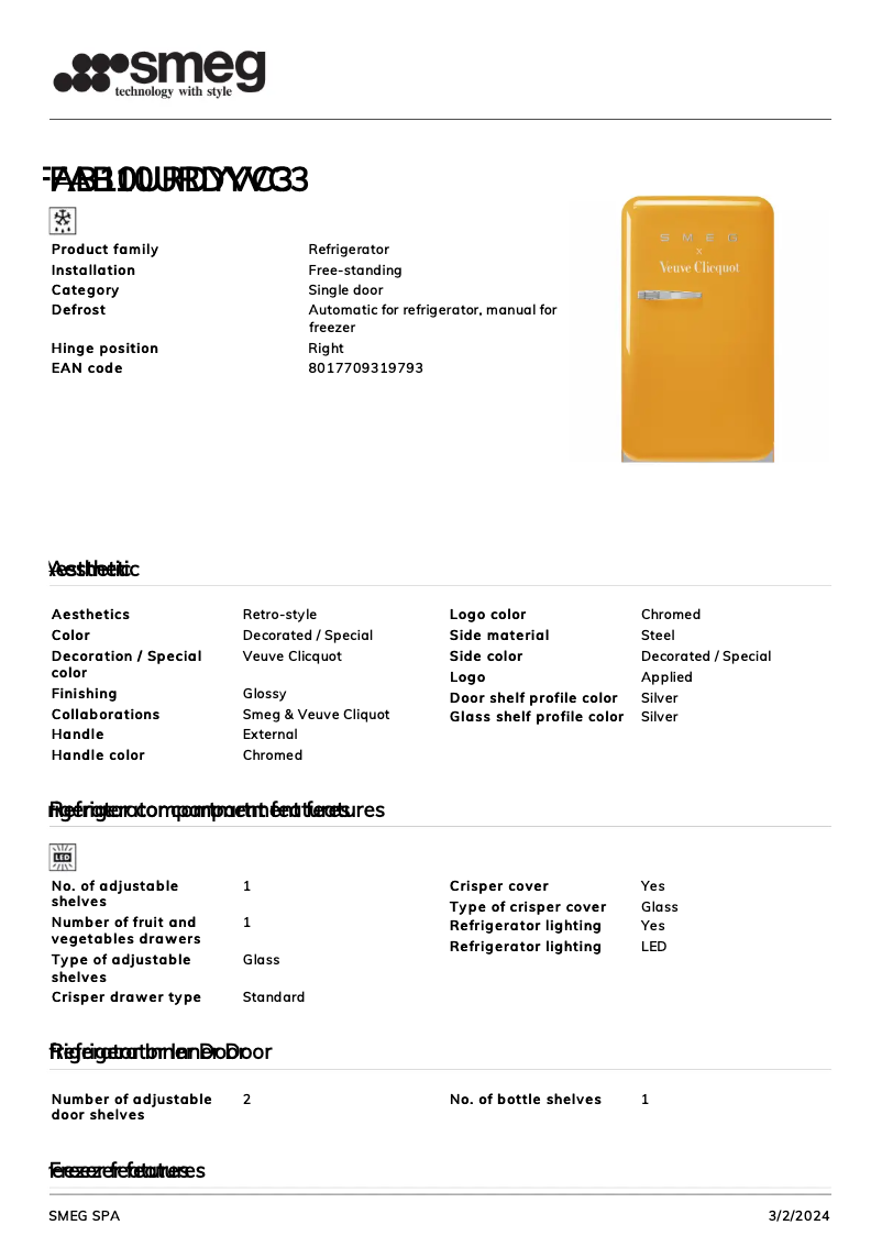 Page 1 de la notice Fiche technique Smeg FAB10URDYVC3