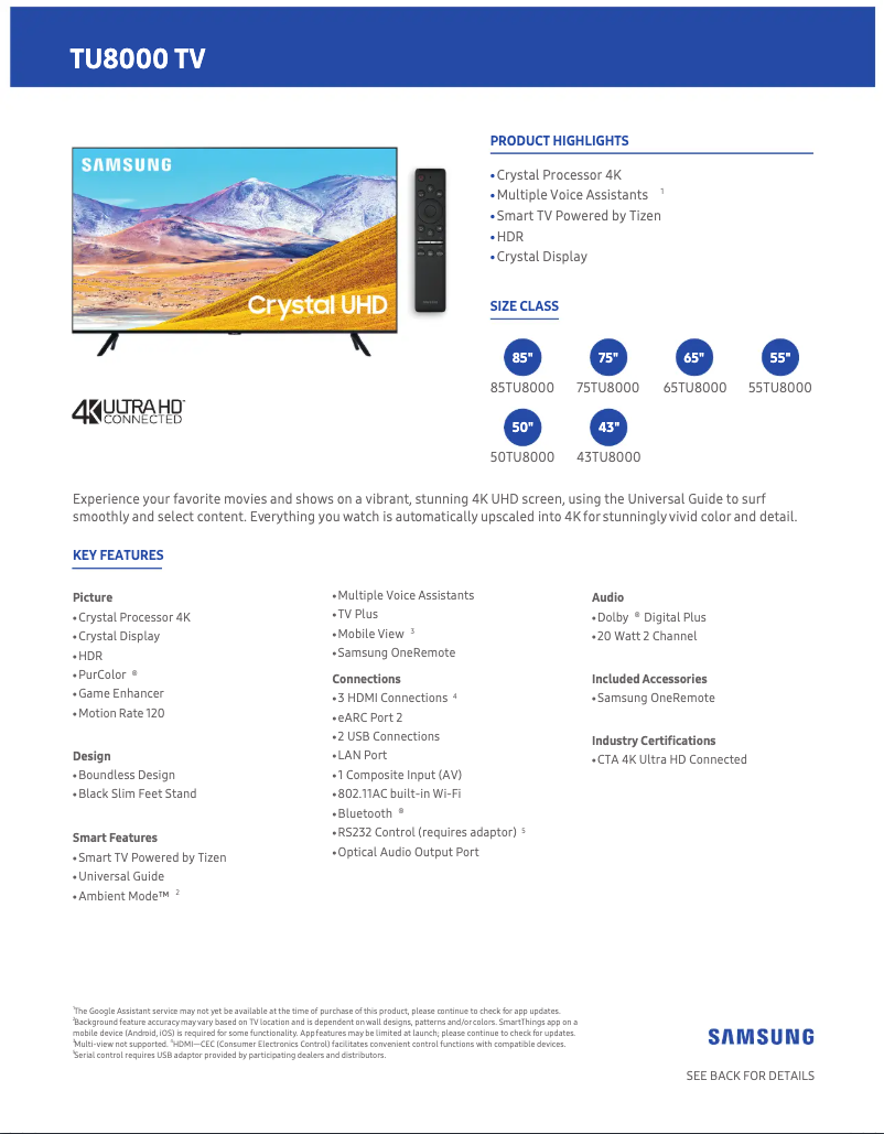 Page 1 de la notice Fiche technique Samsung UN43TU8000FXZA