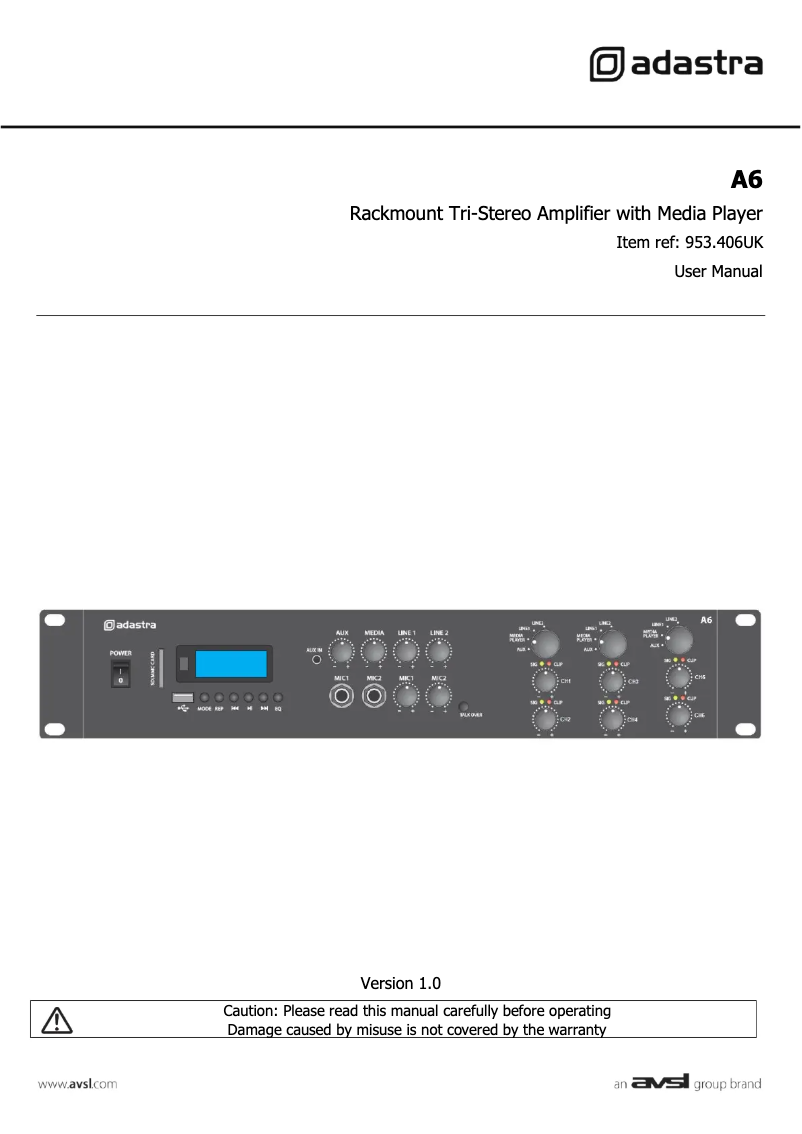 Page 1 de la notice Manuel utilisateur Adastra A6