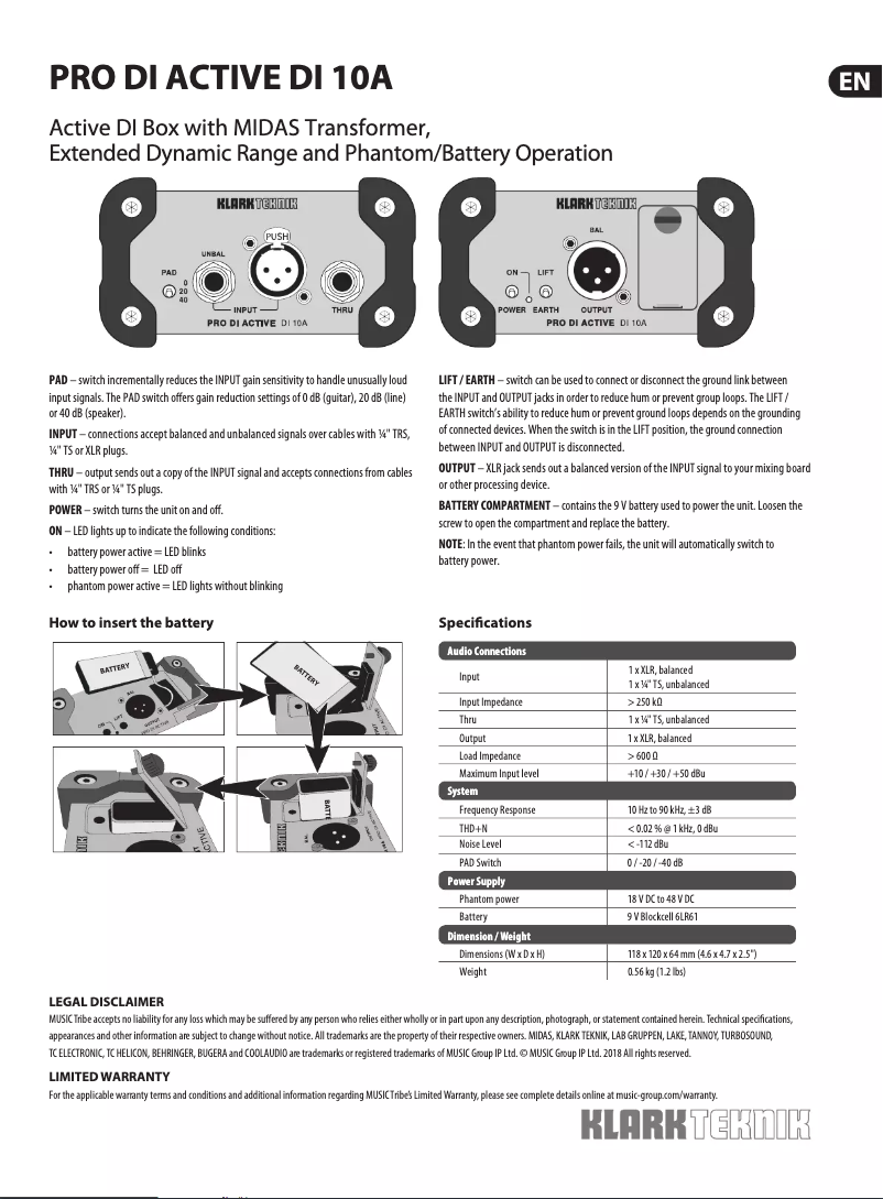 Page n°1 - Manuel utilisateur Klark Teknik DI 10A