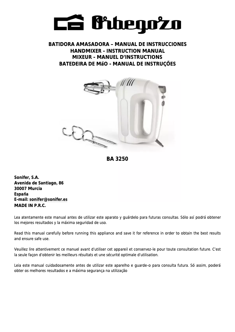 Page 1 de la notice Manuel utilisateur Orbegozo BA 3250