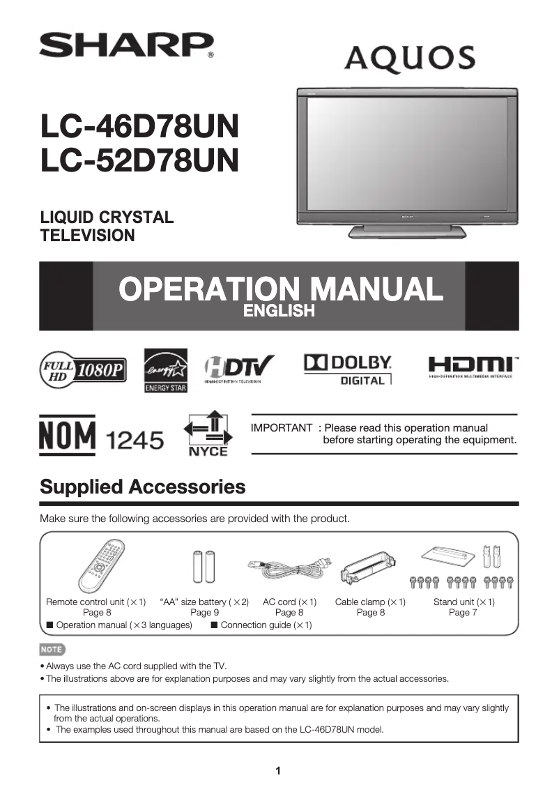 Page 1 de la notice Manuel utilisateur Sharp AQUOS LC-52D78UN