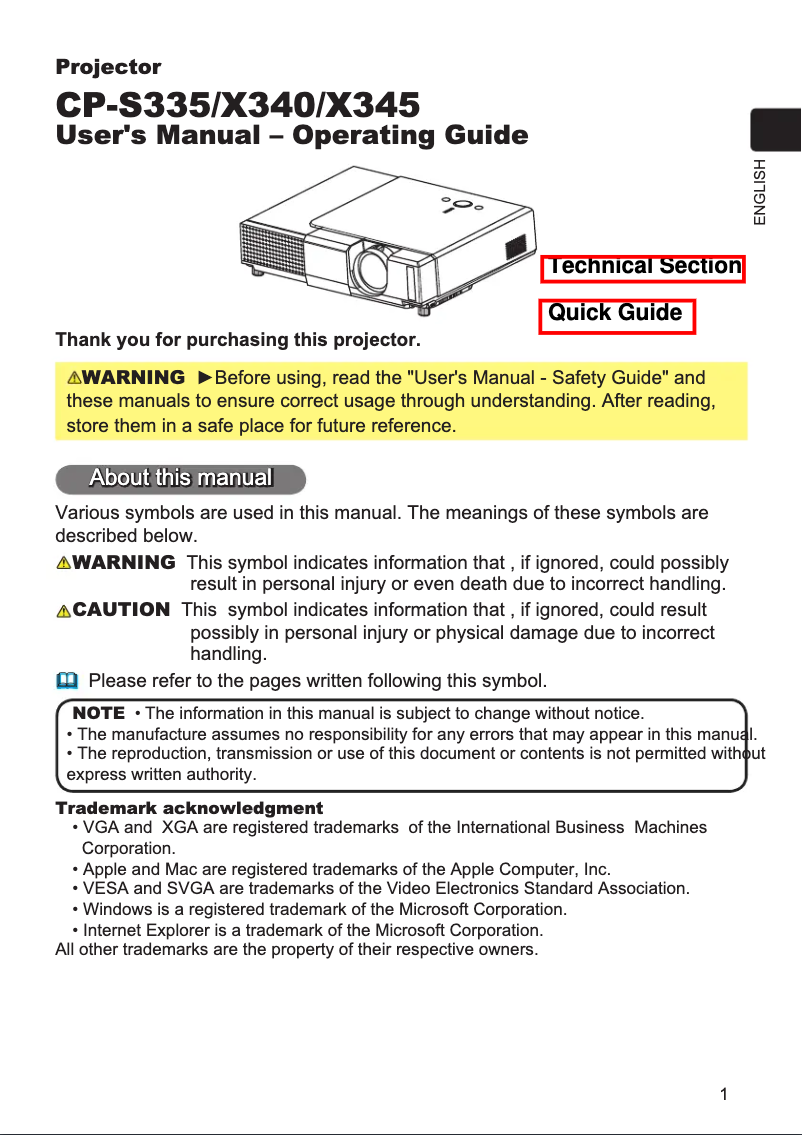 Page 1 de la notice Manuel utilisateur Hitachi CP-X340