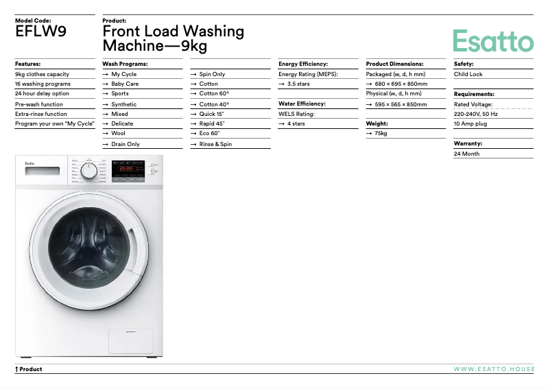 Page 1 de la notice Fiche technique Esatto EFLW9
