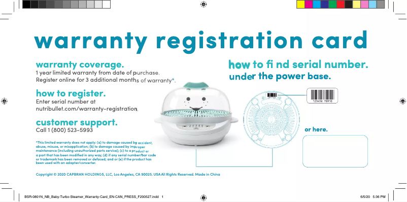 Page n°1 - Informations de garantie NutriBullet Baby Turbo Steamer