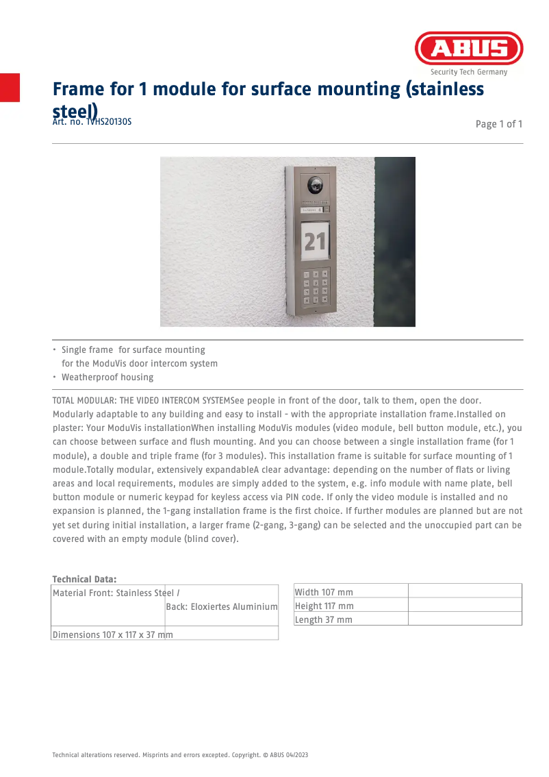 Page 1 de la notice Fiche technique Abus TVHS20130S