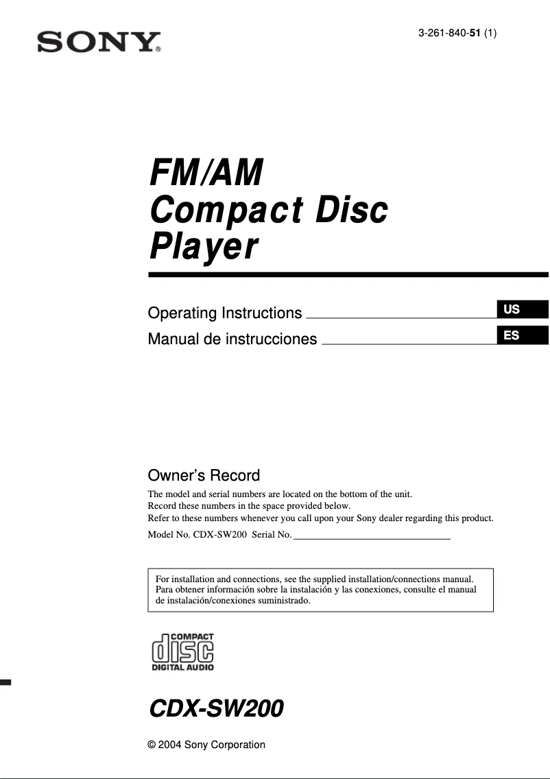Page 1 de la notice Manuel utilisateur Sony CDX-SW200