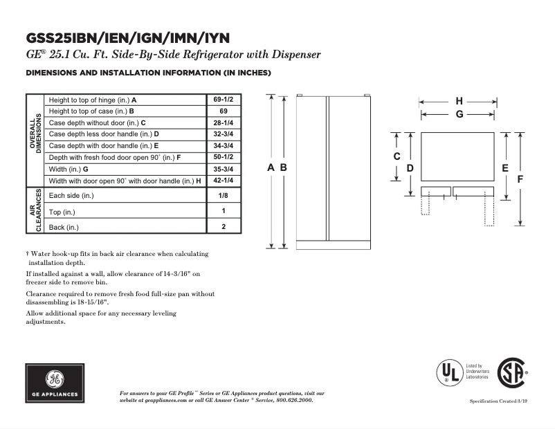 Page 1 de la notice Fiche technique GE GSS25IYNFS