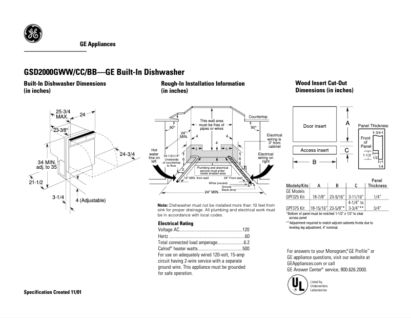 Page n°1 - Fiche technique GE GSD2000GAA
