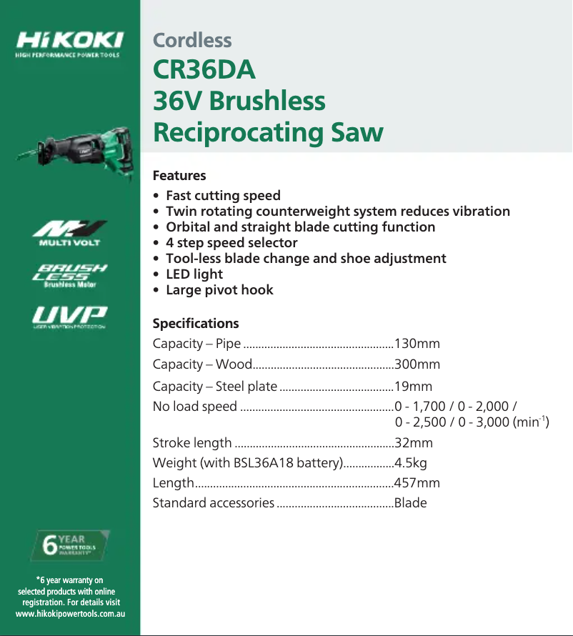 Page 1 de la notice Fiche technique HiKOKI CR36DA