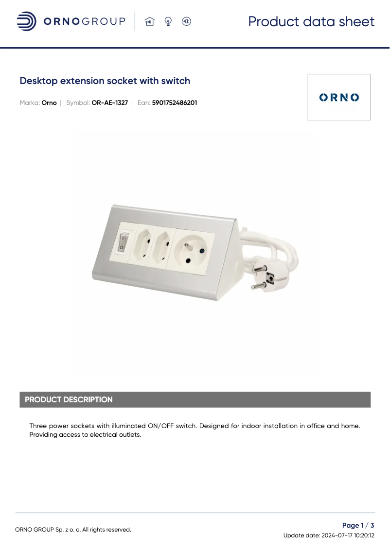 Page 1 de la notice Fiche technique ORNO OR-AE-1327