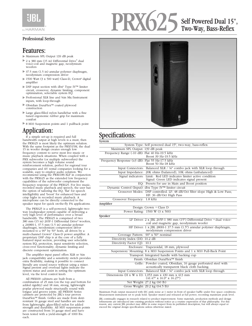 Page 1 de la notice Fiche technique JBL PRX625