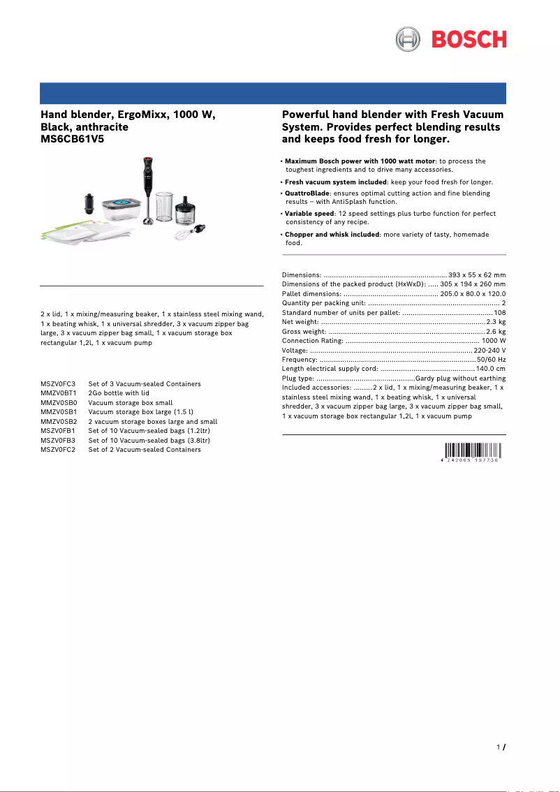 Page 1 de la notice Fiche technique Bosch ErgoMixx MS6CB61V5