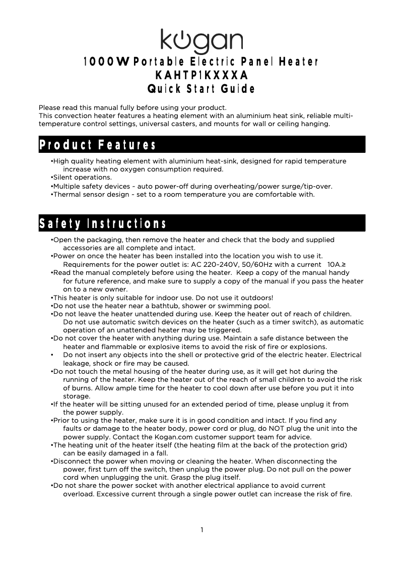 Page 1 of the manual User Manual Kogan KAHTP1KXXXA