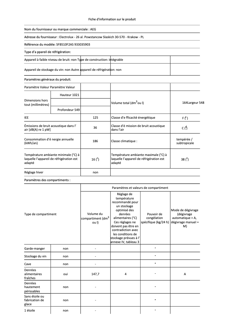 Page 1 de la notice Fiche technique AEG SFB510F2AS