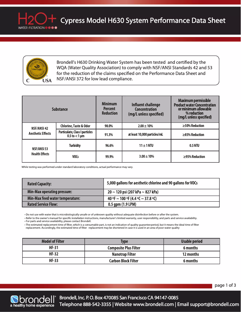 Page 1 de la notice Fiche technique Brondell H630