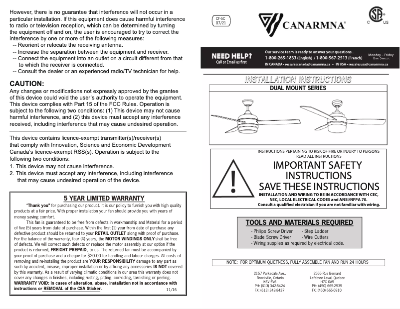 Page n°1 - Manuel utilisateur Canarm Calibre XV