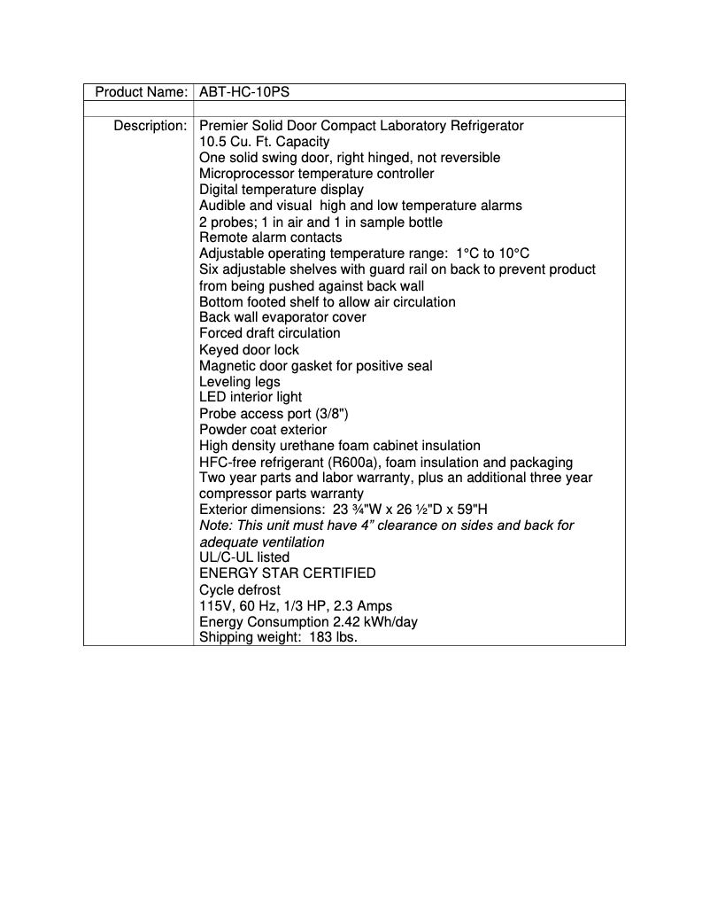 Page n°1 - Fiche technique American BioTech Supply ABT-HC-10PS