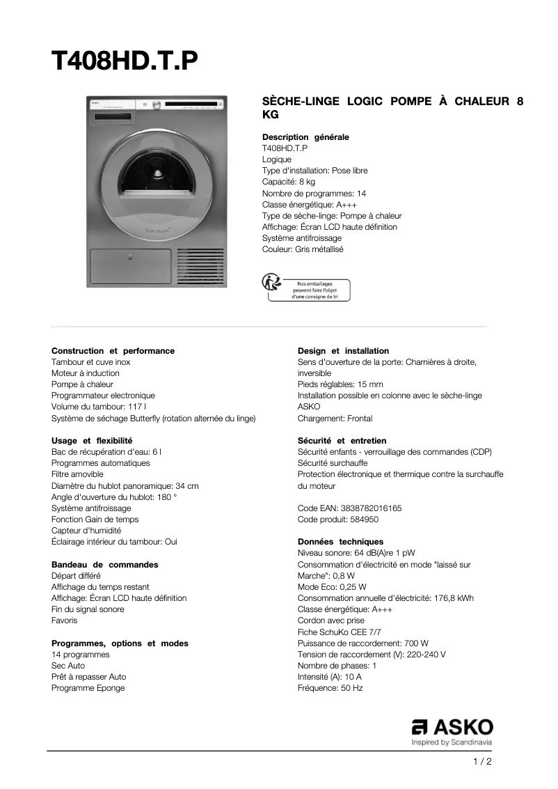 Page n°1 - Fiche technique Asko T408HD