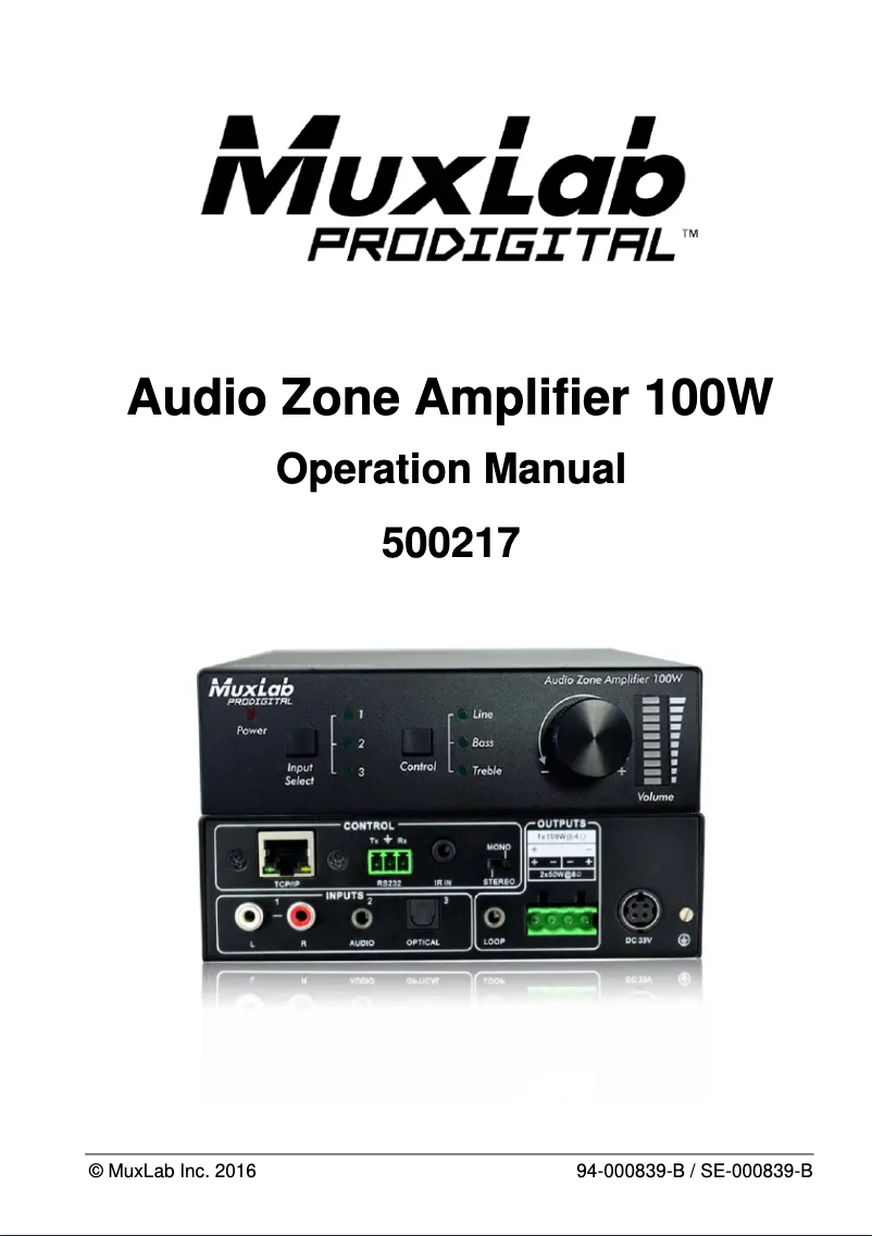 Page n°1 - Manuel utilisateur MuxLab Audio Zone Amplifier 100W