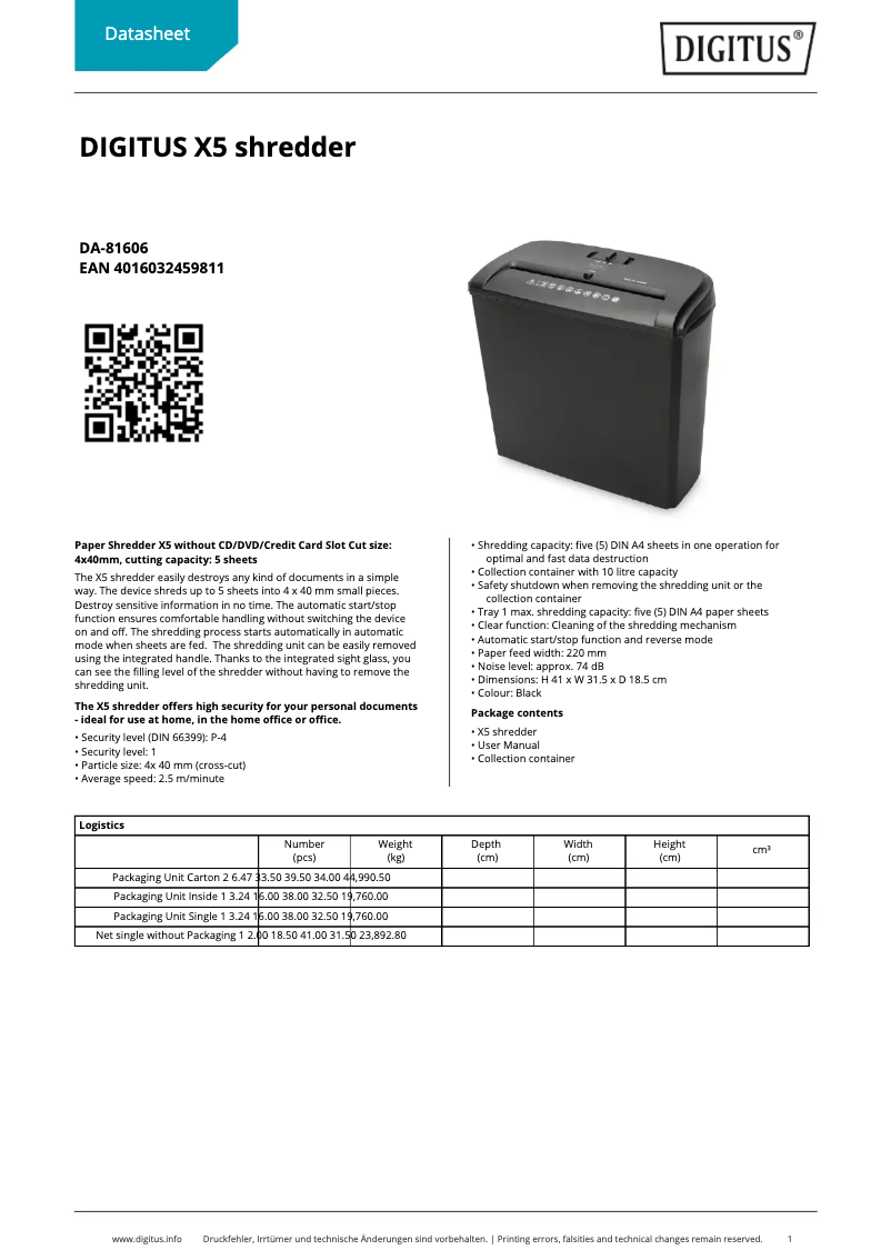 Page 1 de la notice Fiche technique Digitus DA-81606