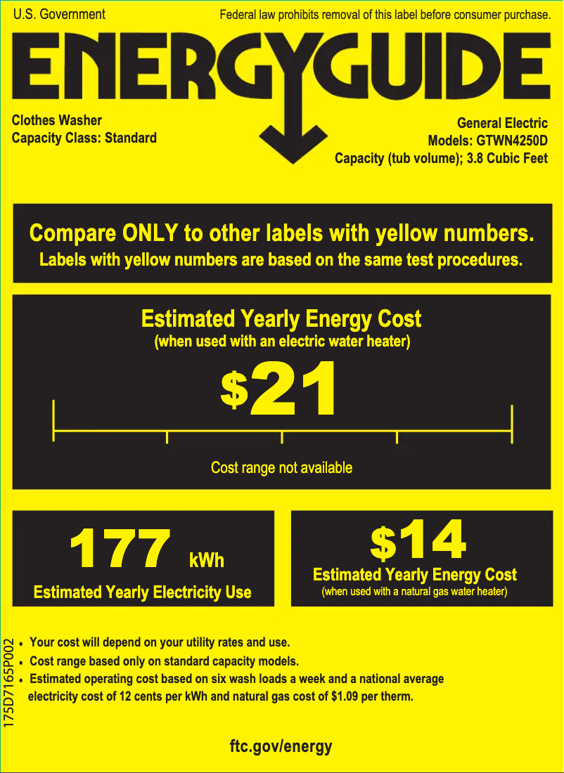 Page 1 de la notice Label énergétique GE GTWN4250DWS