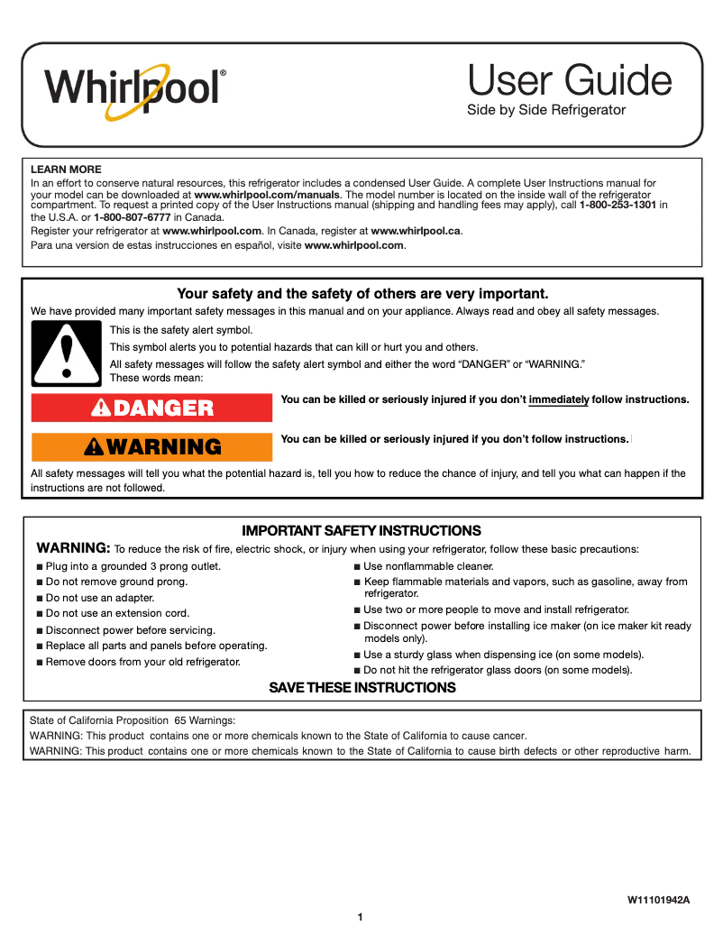 Page 1 de la notice Manuel d'utilisation et d'entretien Whirlpool WRS555SIHB