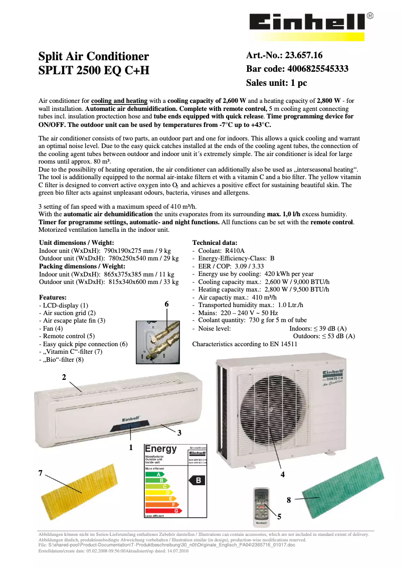 Page n°1 - Manuel utilisateur Einhell Split 2500 EQ C+H