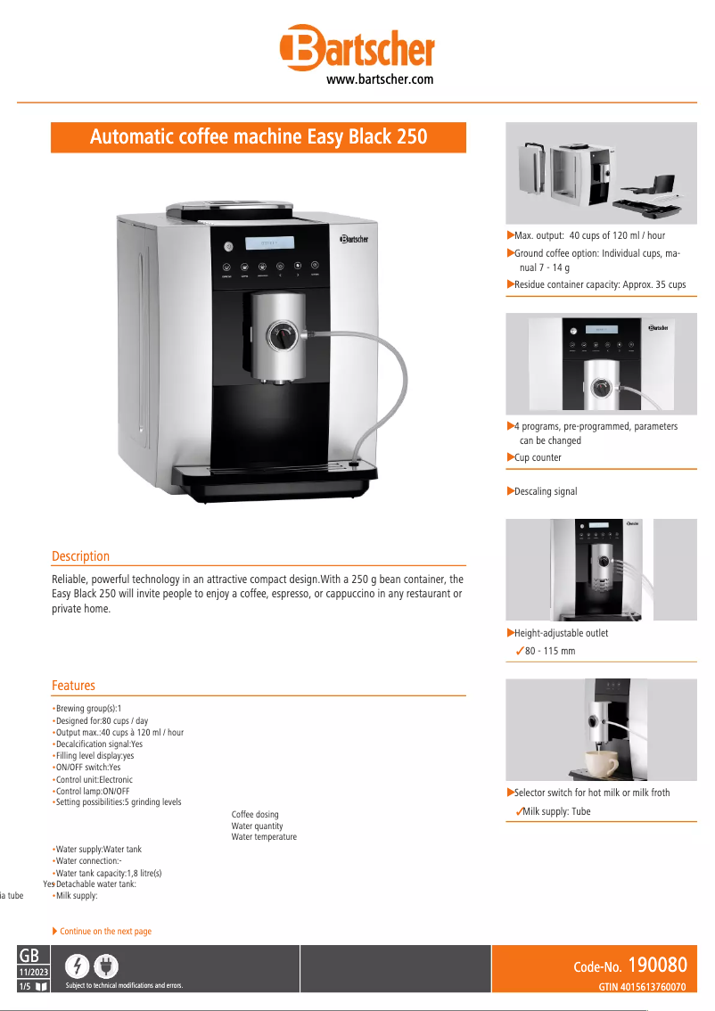 Page n°1 - Fiche technique Bartscher Easy Black 250